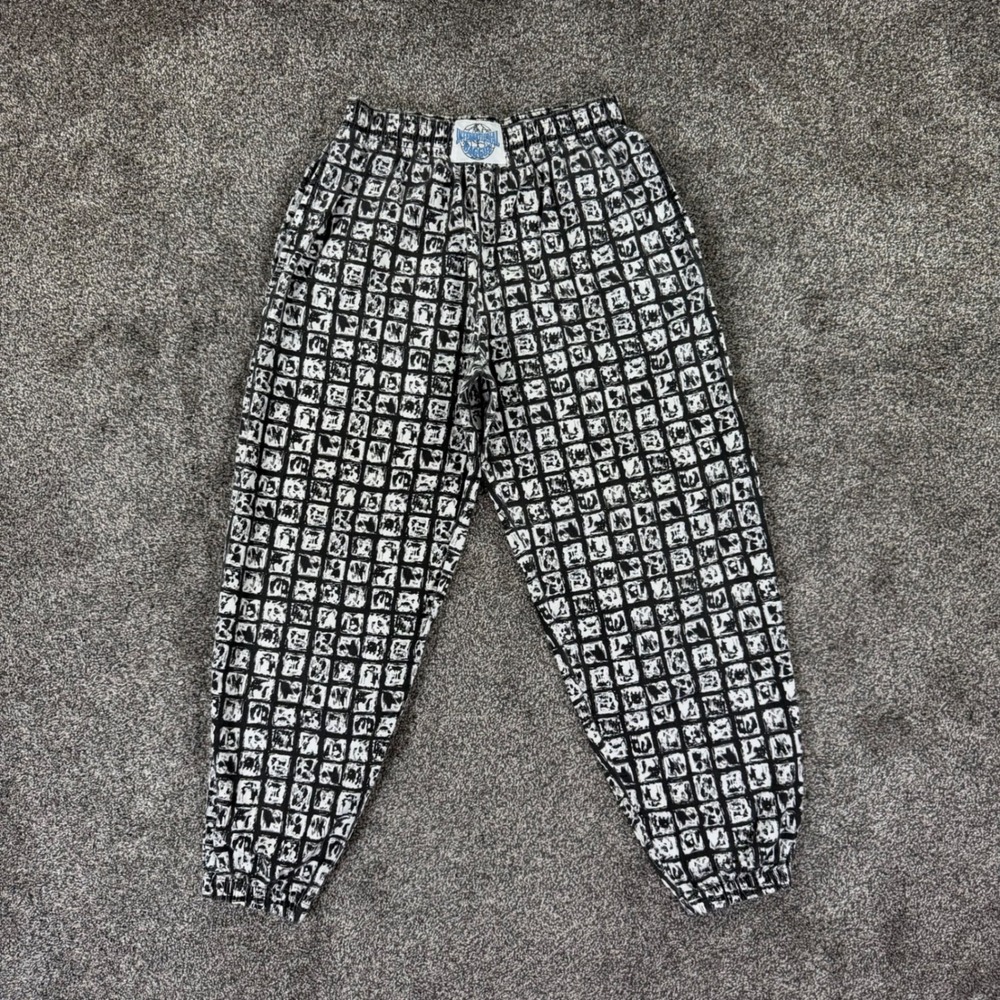 Vintage International Baggy Pants L Black White Grid Tapered 90s Streetwear READ